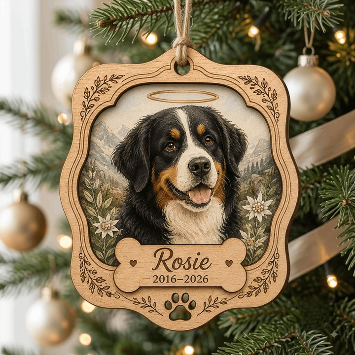 Personalized Lavender Round Pet Memorial Photo Wood Ornament - Custom Pet Keepsake - image 1