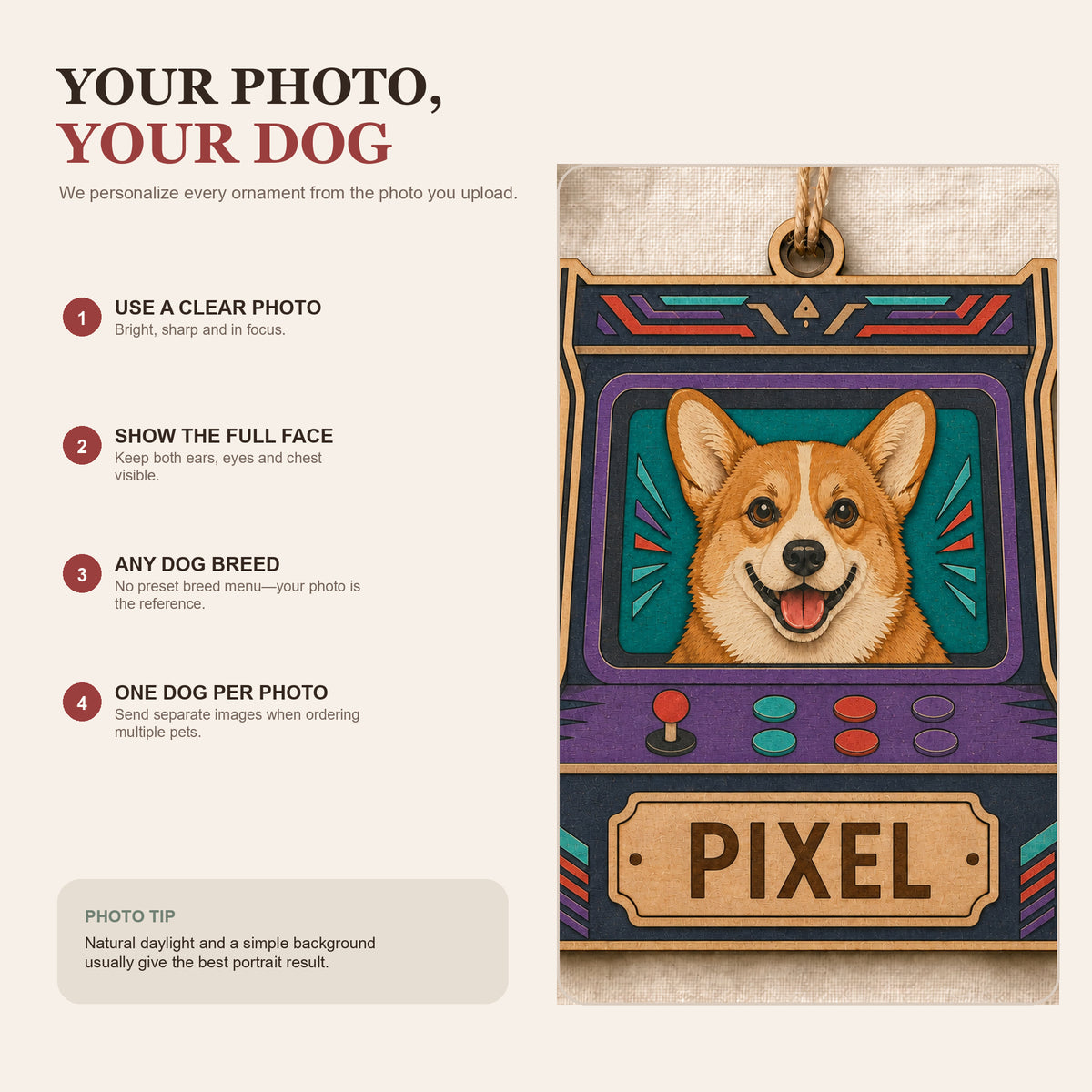 Personalized Arcade Pup Photo Wood Ornament - Custom Pet Keepsake - image 6