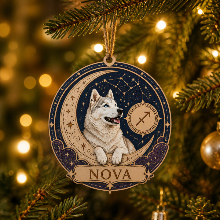 Personalized Celestial Zodiac Dog Photo Wood Ornament - Custom Pet Keepsake - image 1