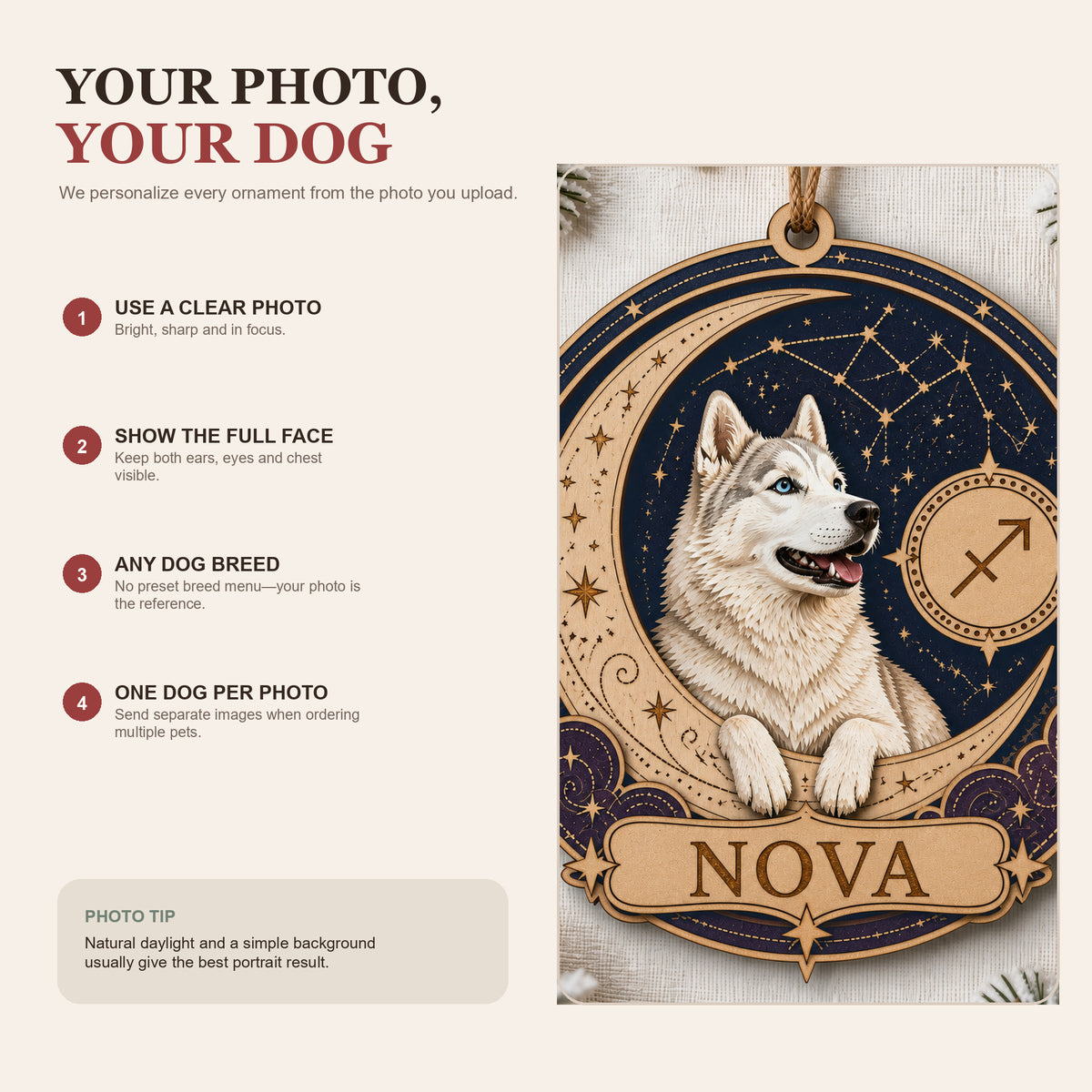 Personalized Celestial Zodiac Dog Photo Wood Ornament - Custom Pet Keepsake - image 7