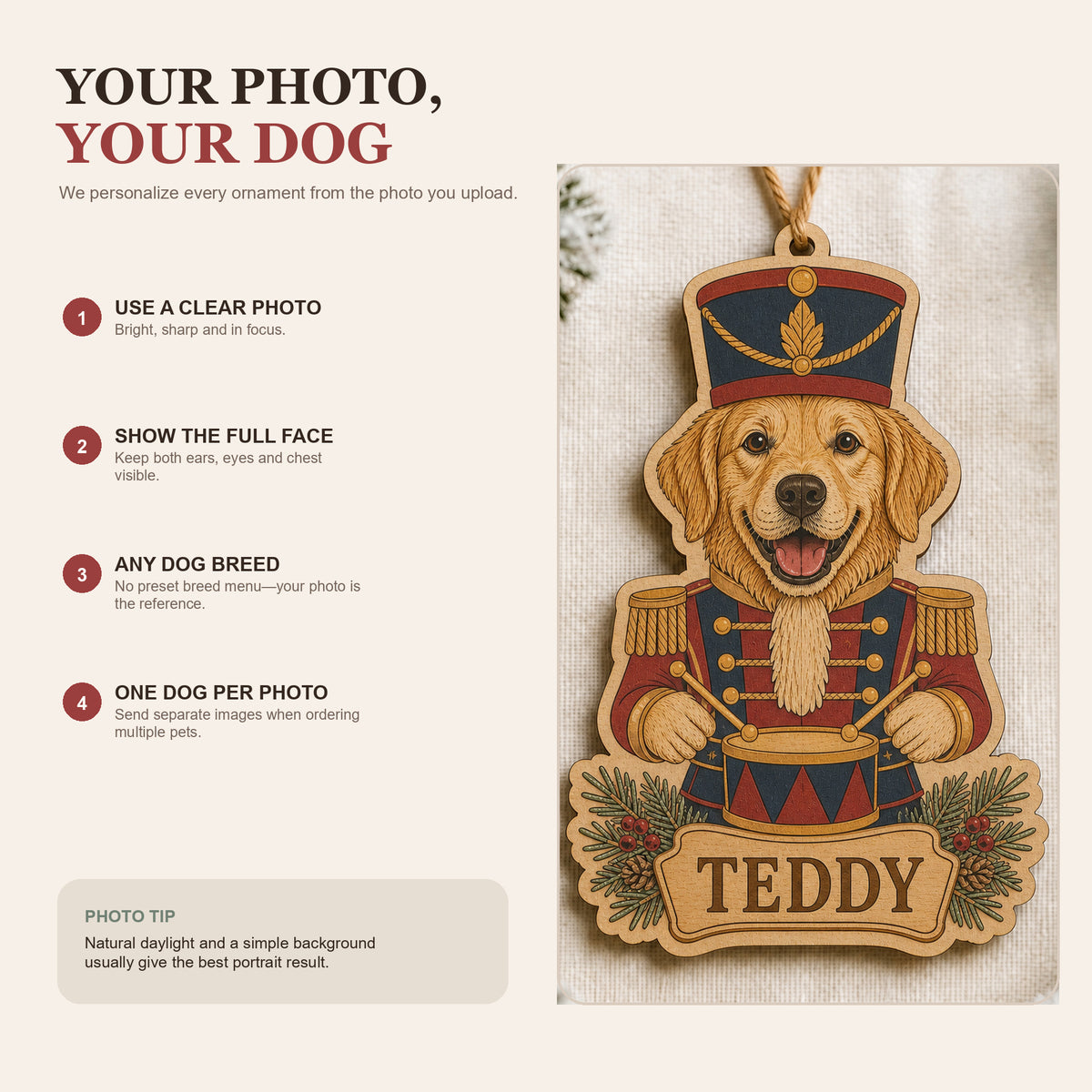 Personalized Nutcracker Pup Photo Wood Ornament - Custom Pet Keepsake - image 7