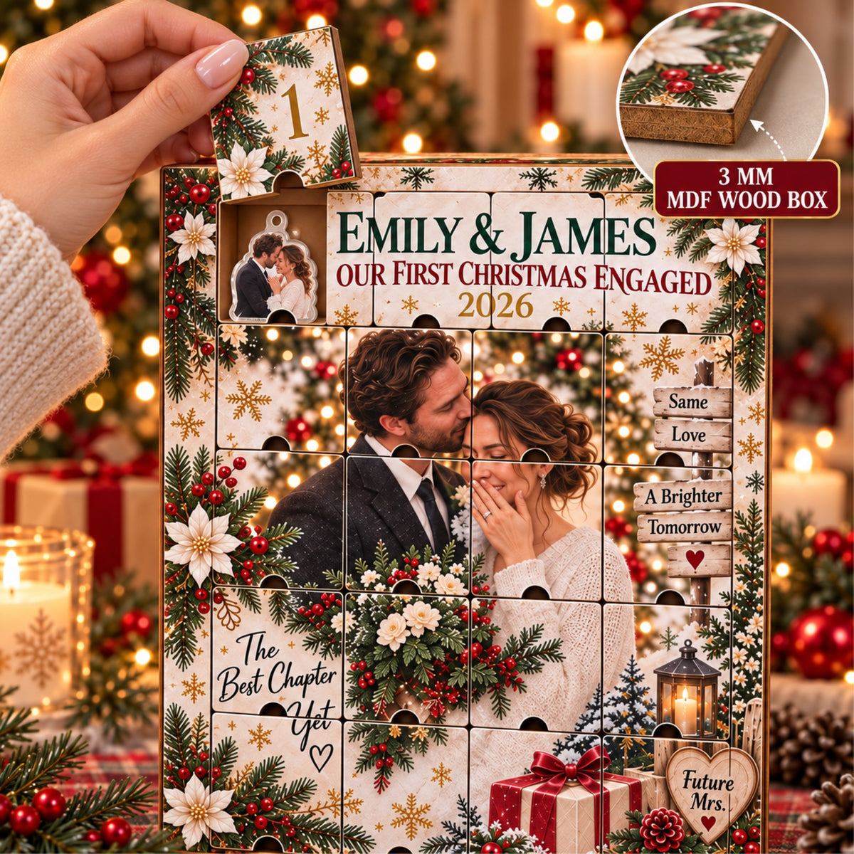 Personalized Our First Christmas Engaged Advent Calendar with 24 Photo Ornaments