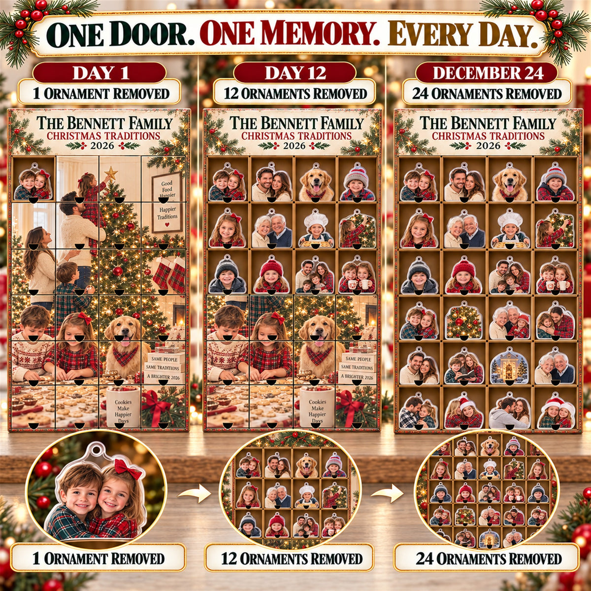 Personalized Family Christmas Traditions Advent Calendar with 24 Photo Ornaments