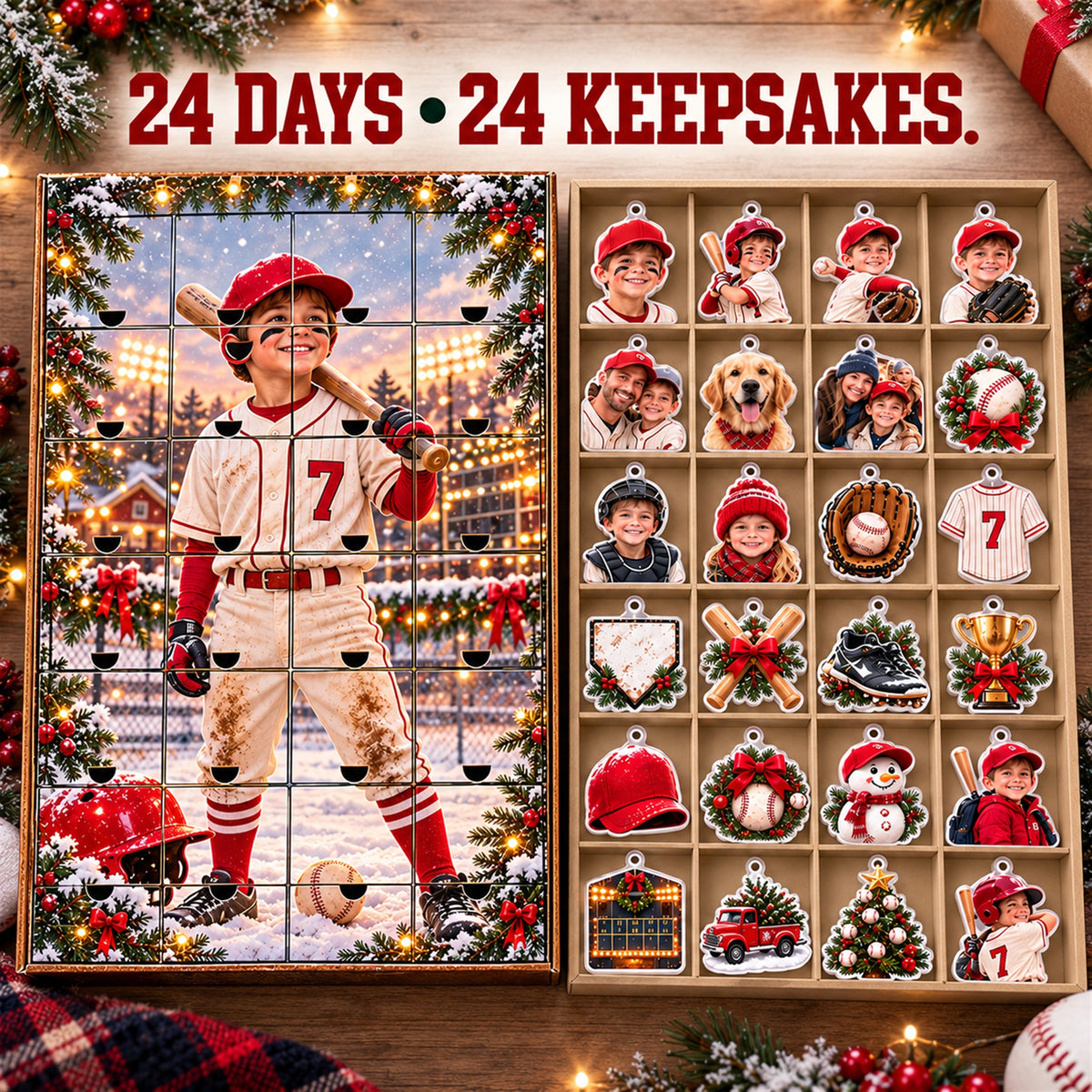 Personalized Baseball Player Advent Calendar with 24 Photo Ornaments