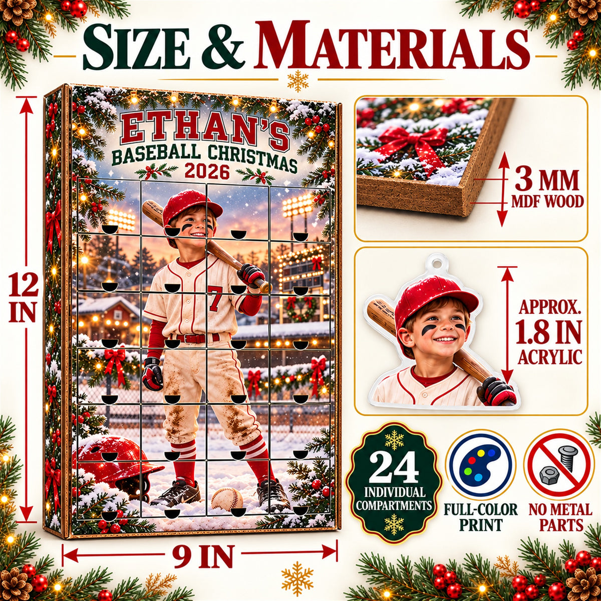 Personalized Baseball Player Advent Calendar with 24 Photo Ornaments