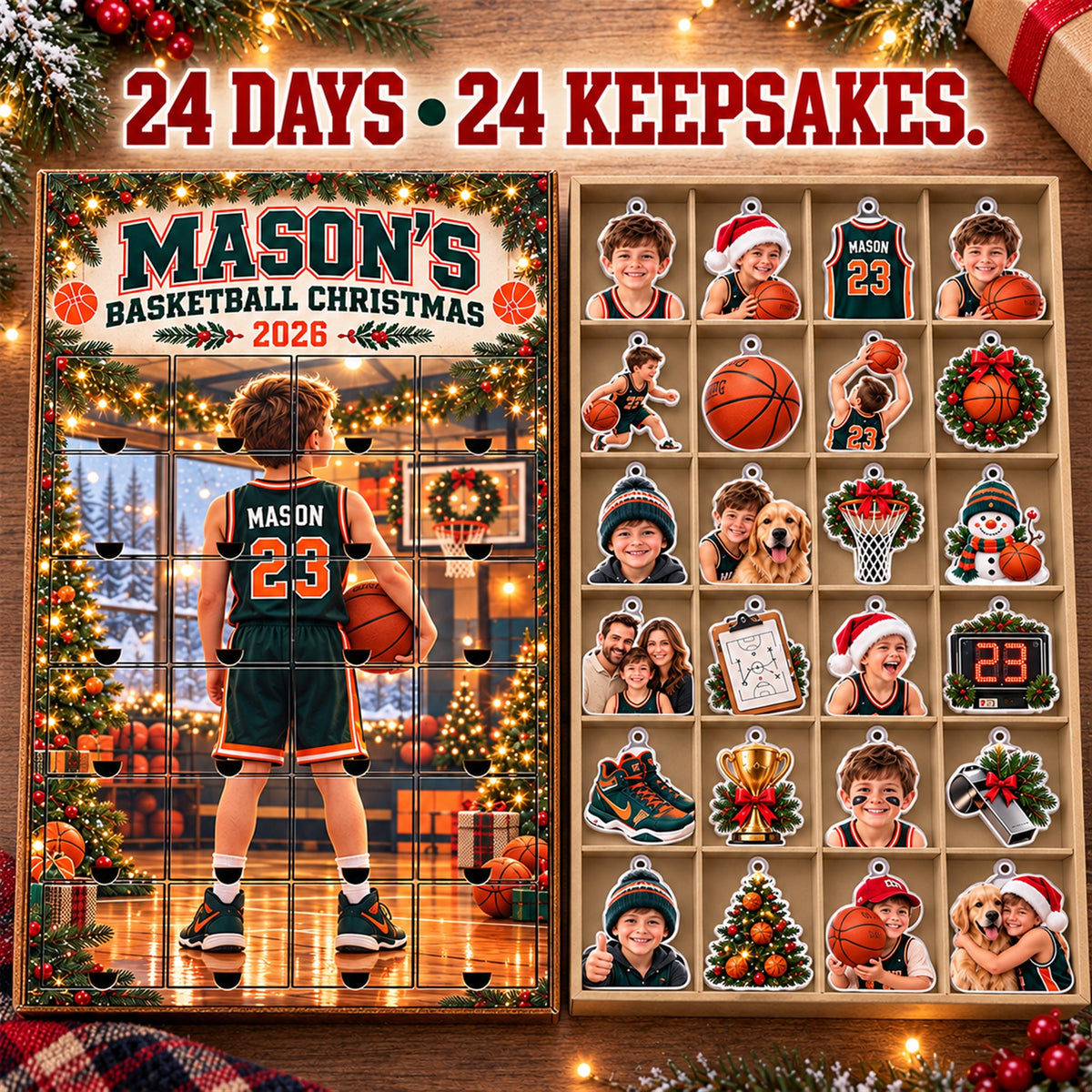 Personalized Basketball Player Advent Calendar with 24 Photo Ornaments