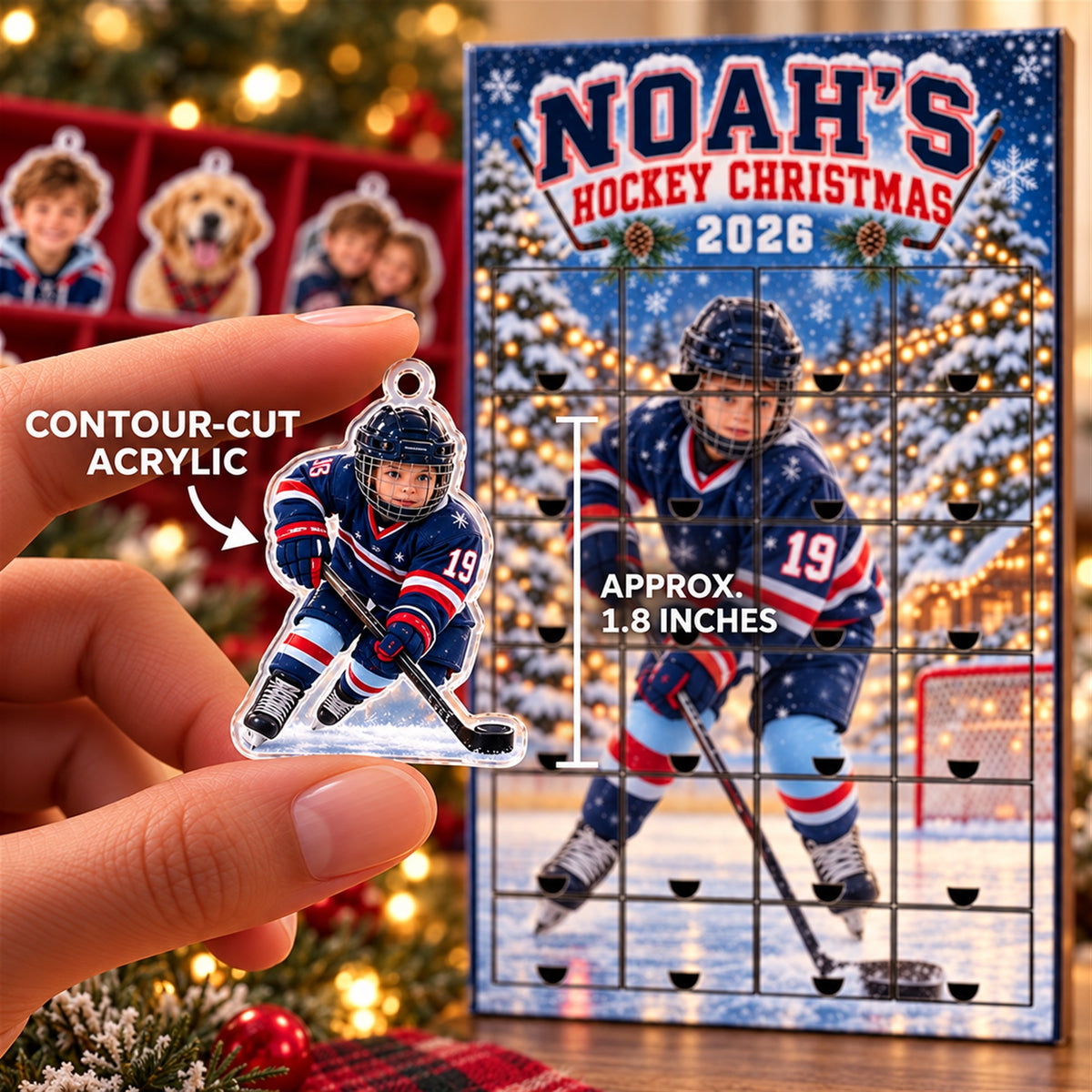 Personalized Ice Hockey Player Advent Calendar with 24 Photo Ornaments