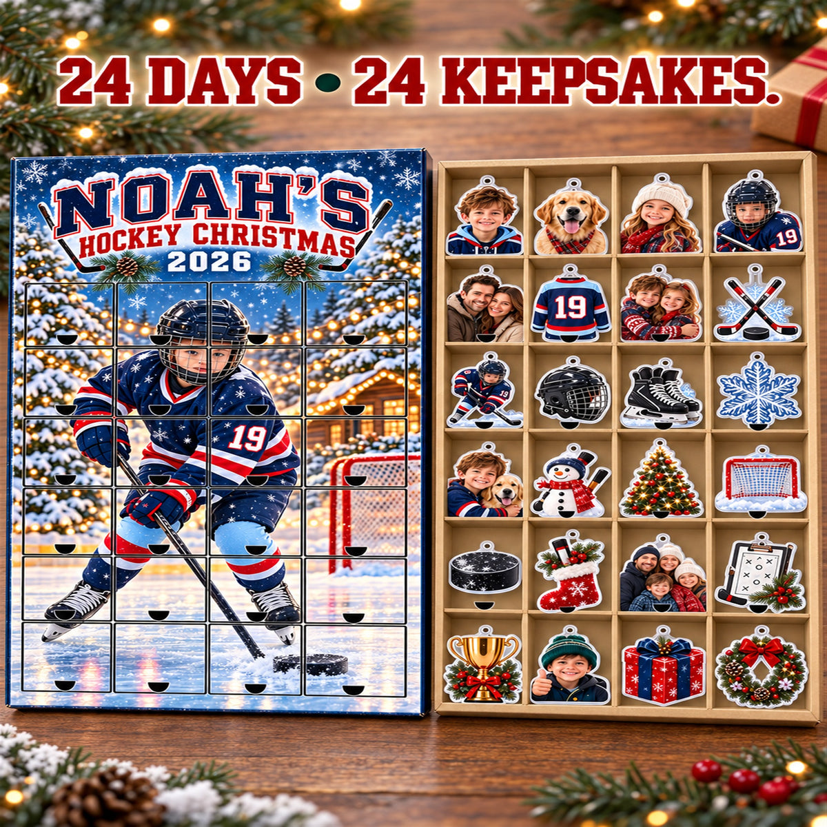 Personalized Ice Hockey Player Advent Calendar with 24 Photo Ornaments