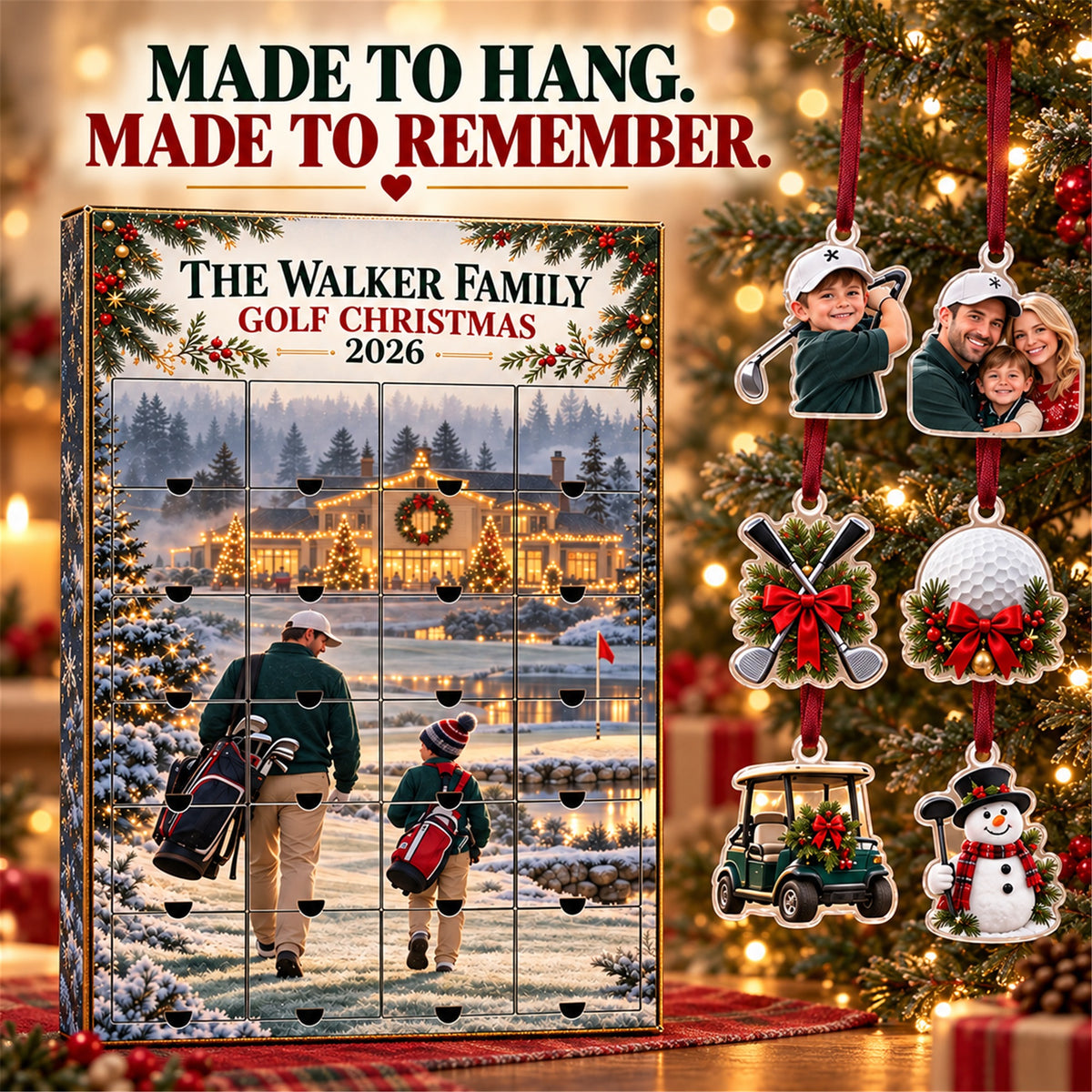 Personalized Golf Family Advent Calendar with 24 Photo Ornaments