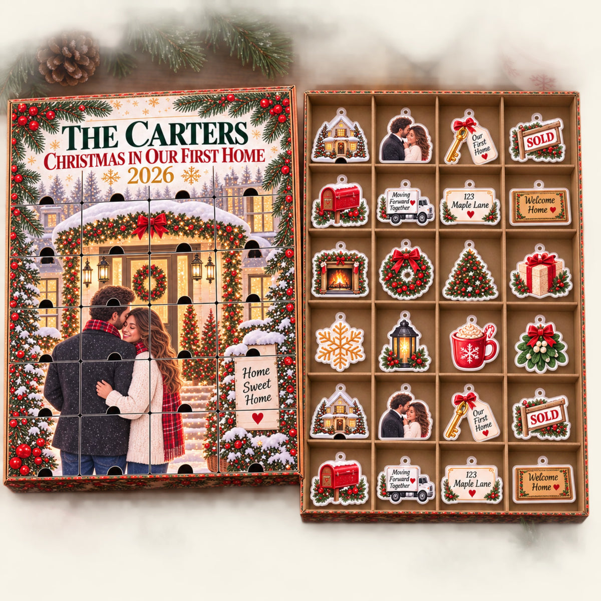 Personalized Christmas In Our First Home Advent Calendar with 24 Photo Ornaments