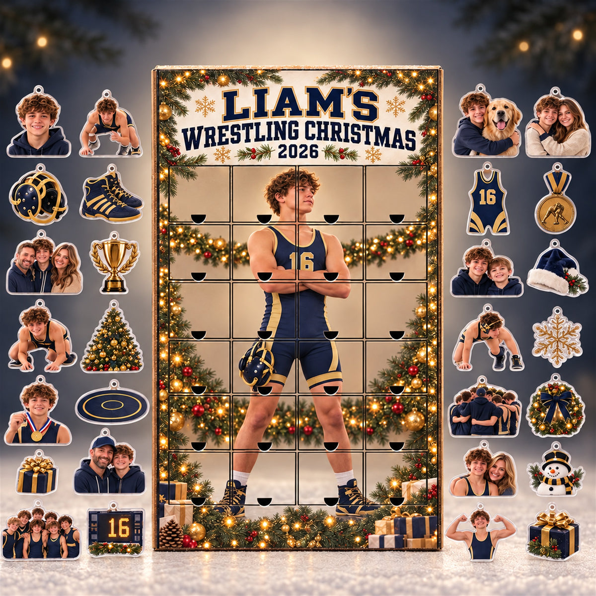 Personalized Wrestling Athlete Advent Calendar with 24 Photo Ornaments