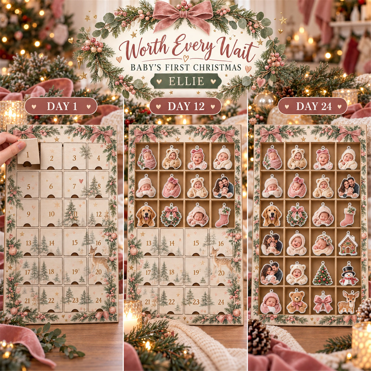 Personalized IVF Baby Worth The Wait Advent Calendar with 24 Photo Ornaments