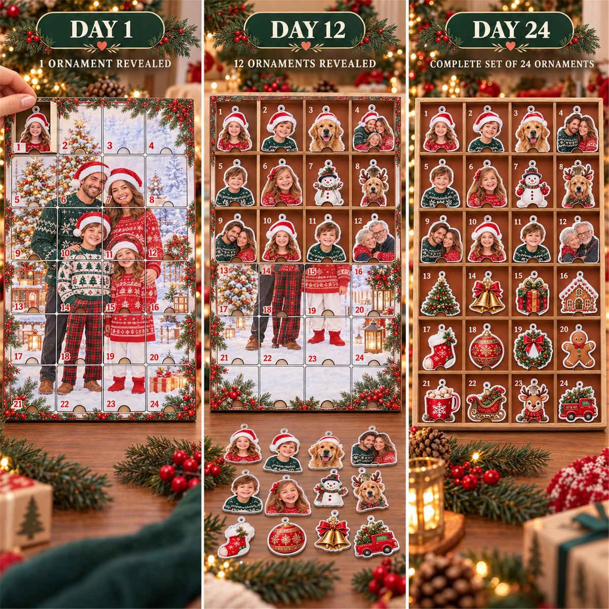 Personalized Adopted Baby First Christmas Advent Calendar with 24 Photo Ornaments