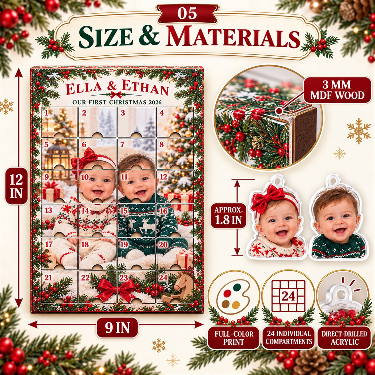 Personalized Twins First Christmas Advent Calendar with 24 Photo Ornaments
