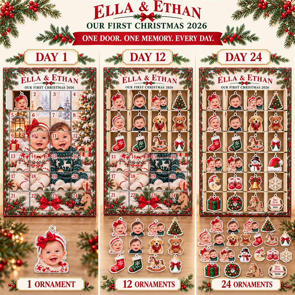 Personalized Twins First Christmas Advent Calendar with 24 Photo Ornaments