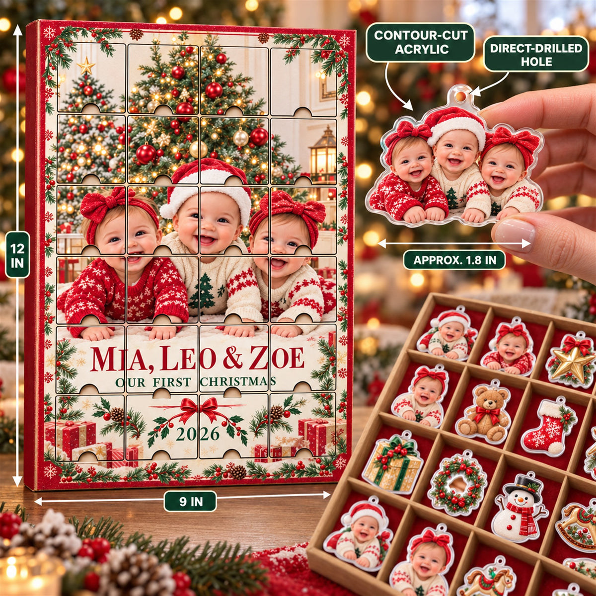Personalized Triplets First Christmas Advent Calendar with 24 Photo Ornaments