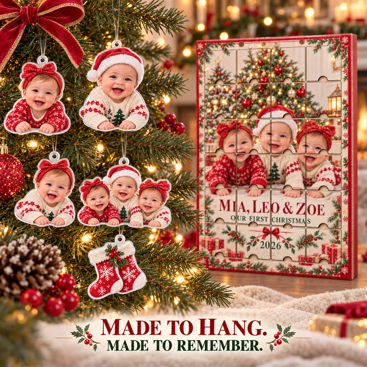 Personalized Triplets First Christmas Advent Calendar with 24 Photo Ornaments