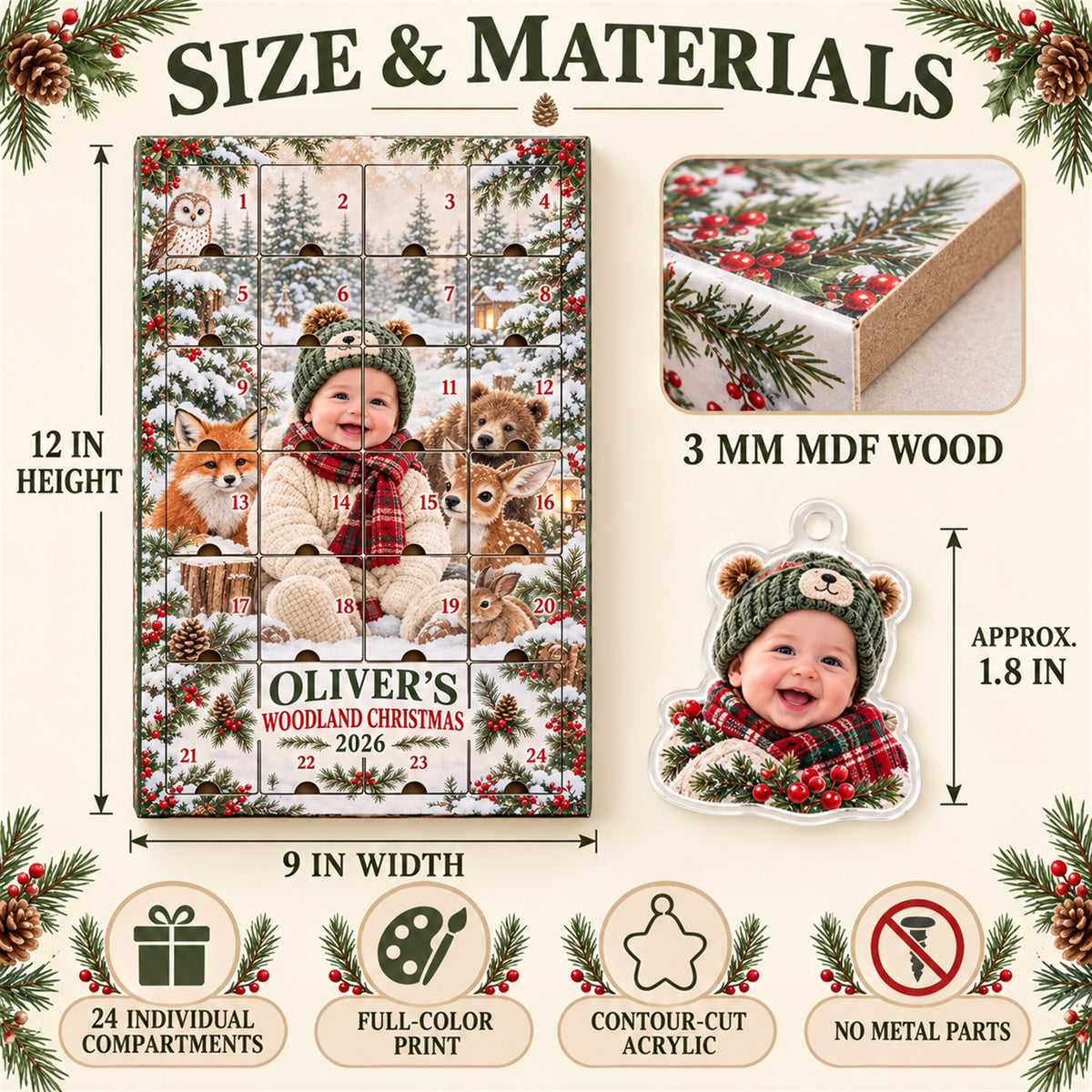 Personalized Woodland Baby First Christmas Advent Calendar with 24 Photo Ornaments