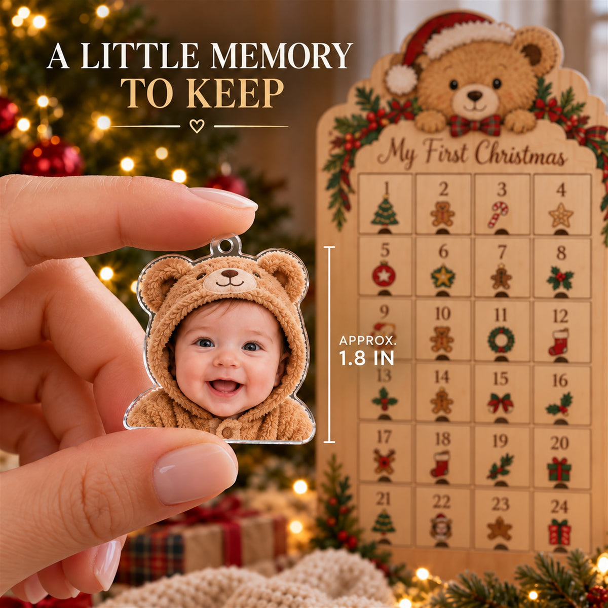 Personalized Teddy Bear Baby First Christmas Advent Calendar with 24 Photo Ornaments