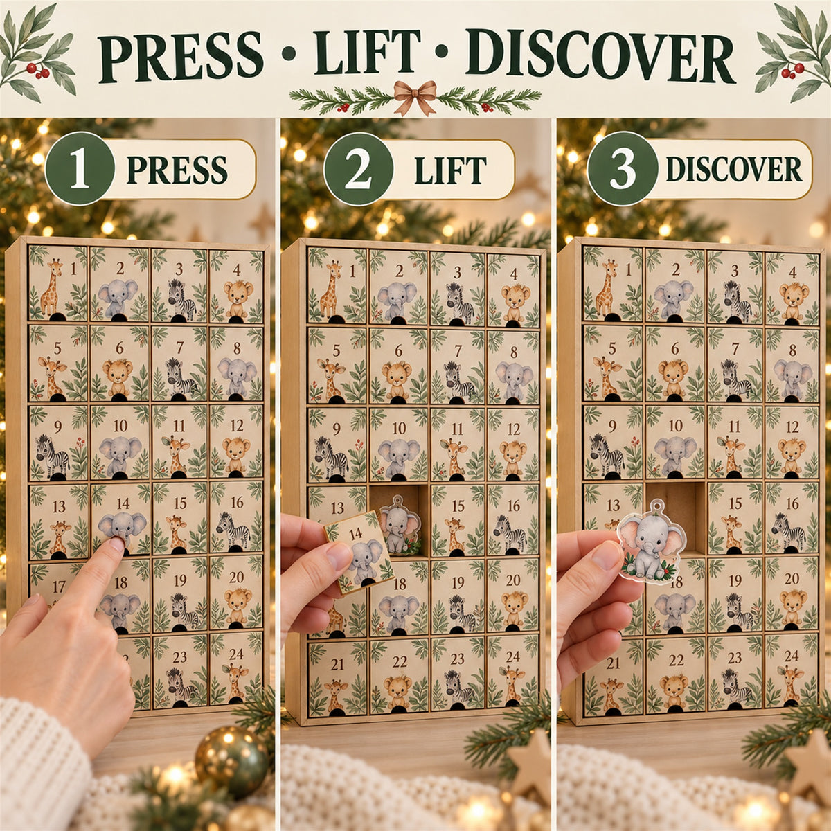 Personalized Safari Baby First Christmas Advent Calendar with 24 Photo Ornaments