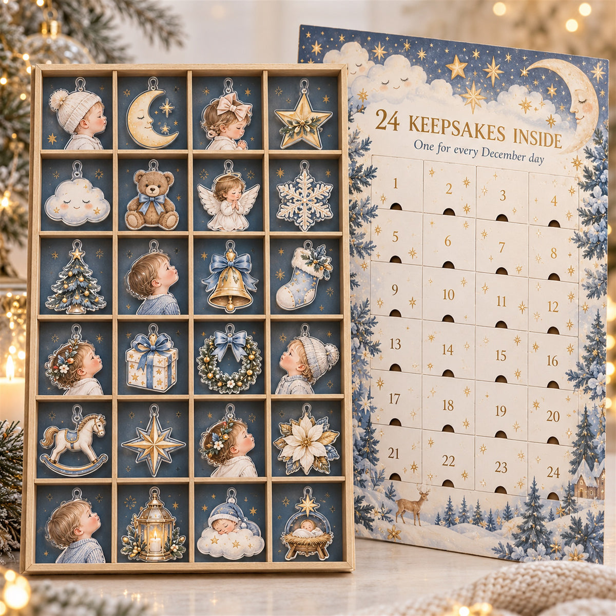 Personalized Boho Moon Stars Baby Christmas Advent Calendar with 24 Photo Ornaments