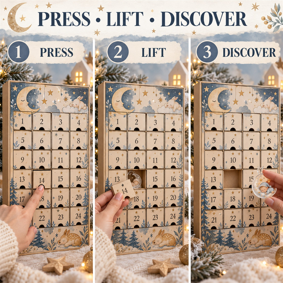 Personalized Boho Moon Stars Baby Christmas Advent Calendar with 24 Photo Ornaments