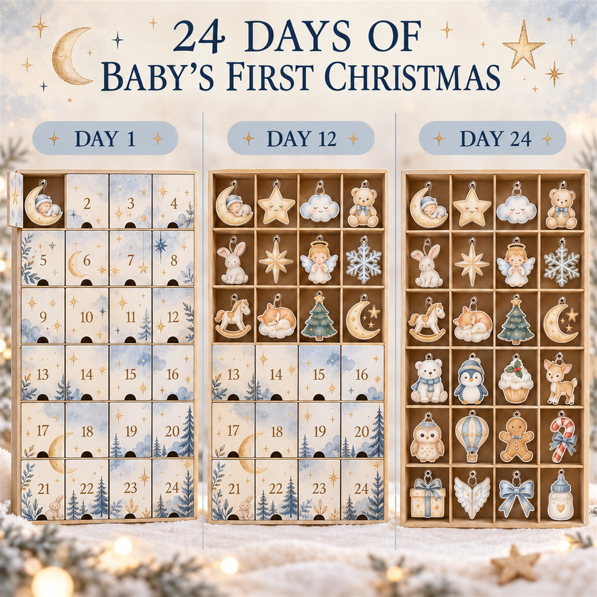 Personalized Boho Moon Stars Baby Christmas Advent Calendar with 24 Photo Ornaments