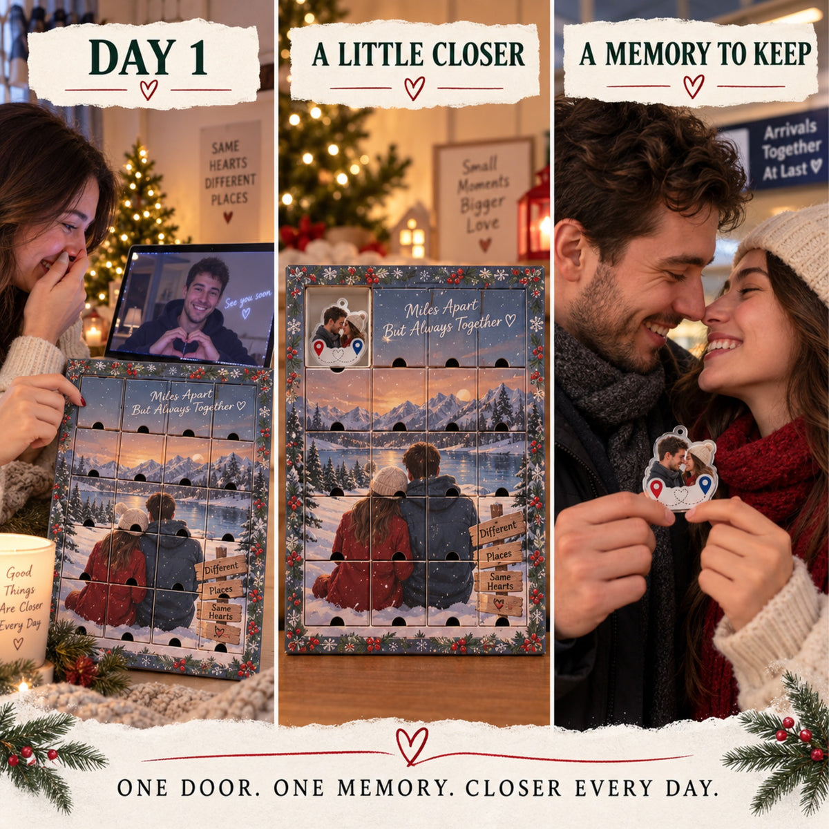Personalized Miles Apart Hearts Together Advent Calendar with 24 Photo Ornaments