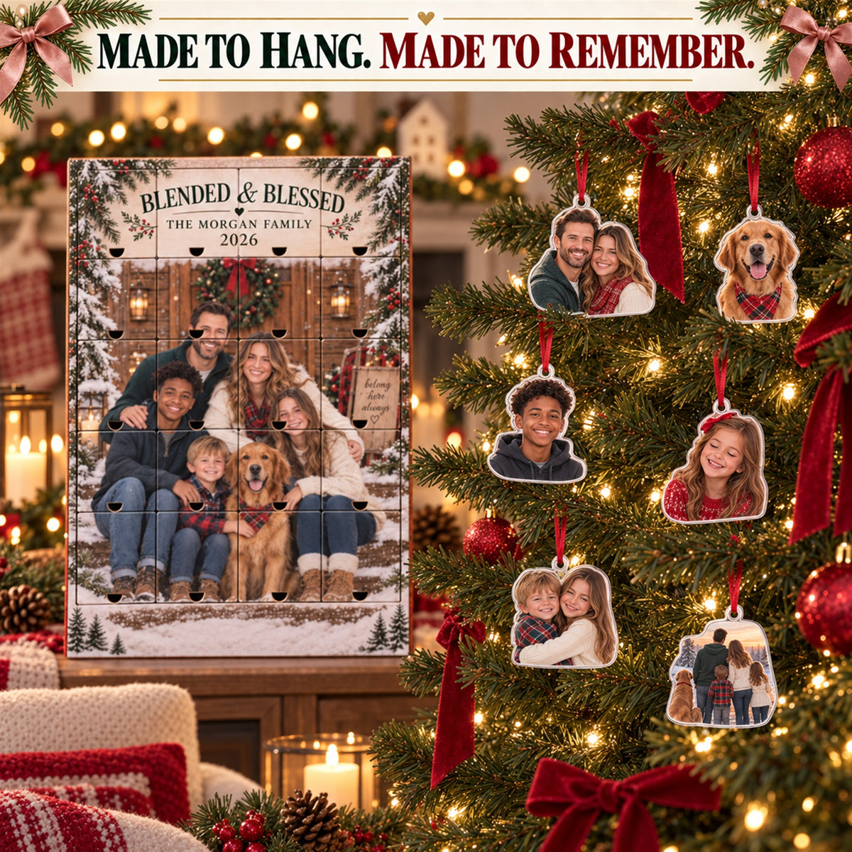 Personalized Blended And Blessed Family Advent Calendar with 24 Photo Ornaments