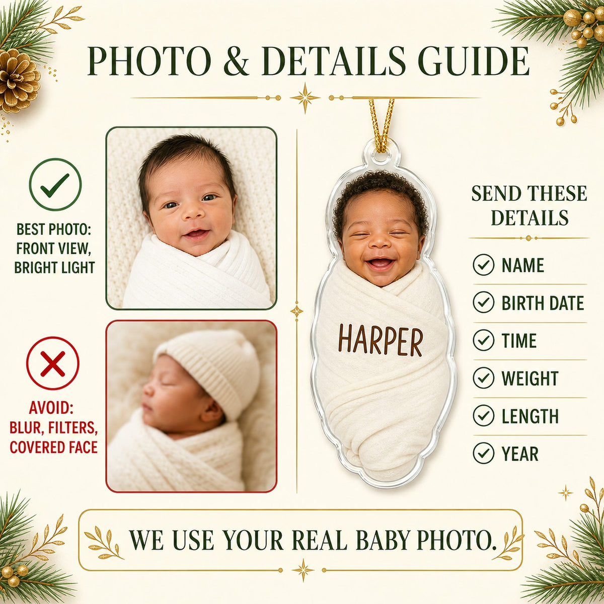 Personalized Baby First Christmas Swaddle Photo Ornament - Custom Acrylic Christmas Keepsake