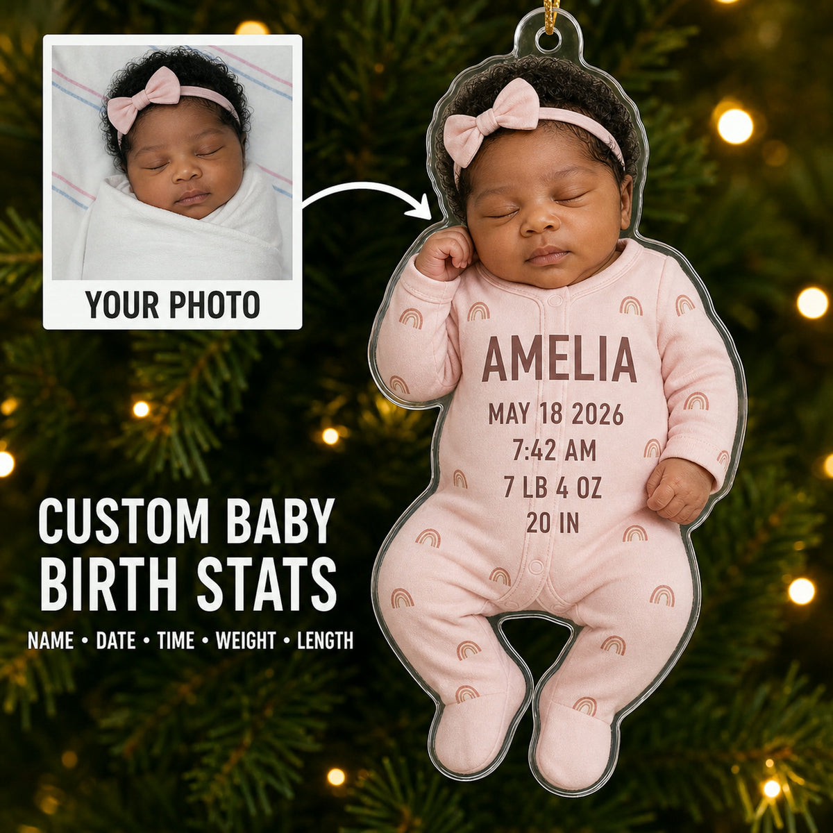 Personalized Baby Birth Stats Bodysuit Photo Ornament - Custom Acrylic Christmas Keepsake