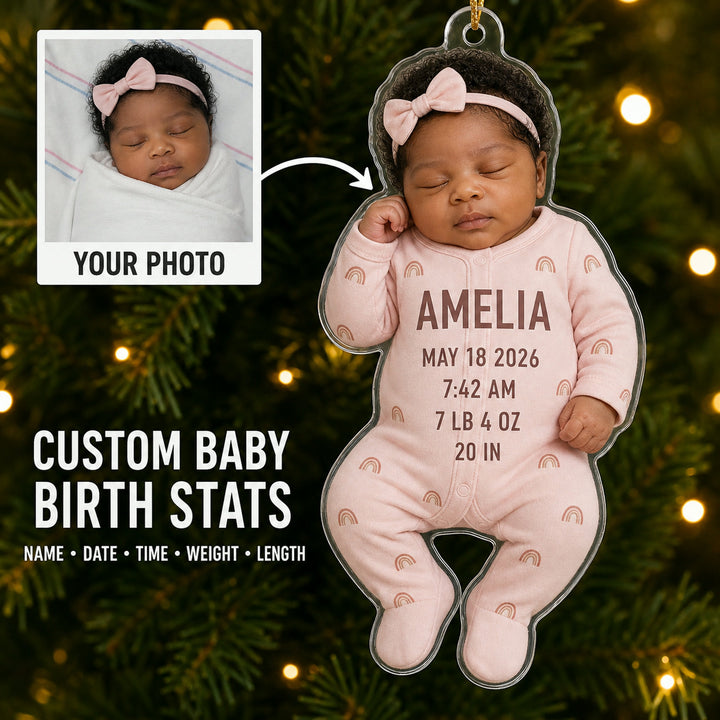 Personalized Baby Birth Stats Bodysuit Photo Ornament - Custom Acrylic Christmas Keepsake