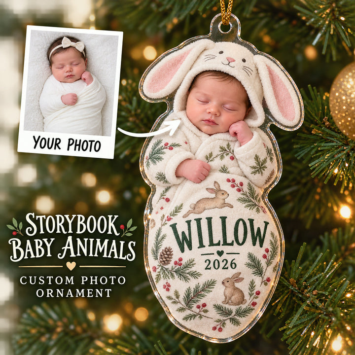 Personalized Woodland Baby Animal Swaddle Photo Ornament - Custom Acrylic Christmas Keepsake - image 1