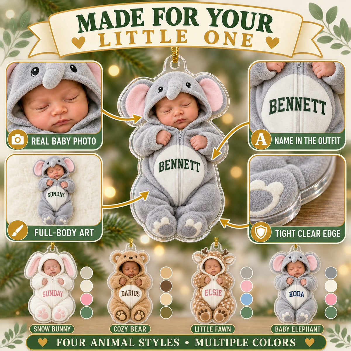 Personalized Woodland Baby Animal Swaddle Photo Ornament - Custom Acrylic Christmas Keepsake - image 6