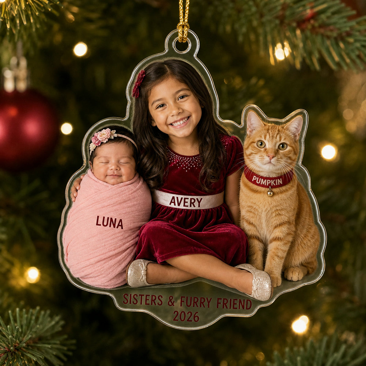 Personalized Baby Sibling and Pet Photo Ornament - Custom Acrylic Christmas Keepsake - image 3