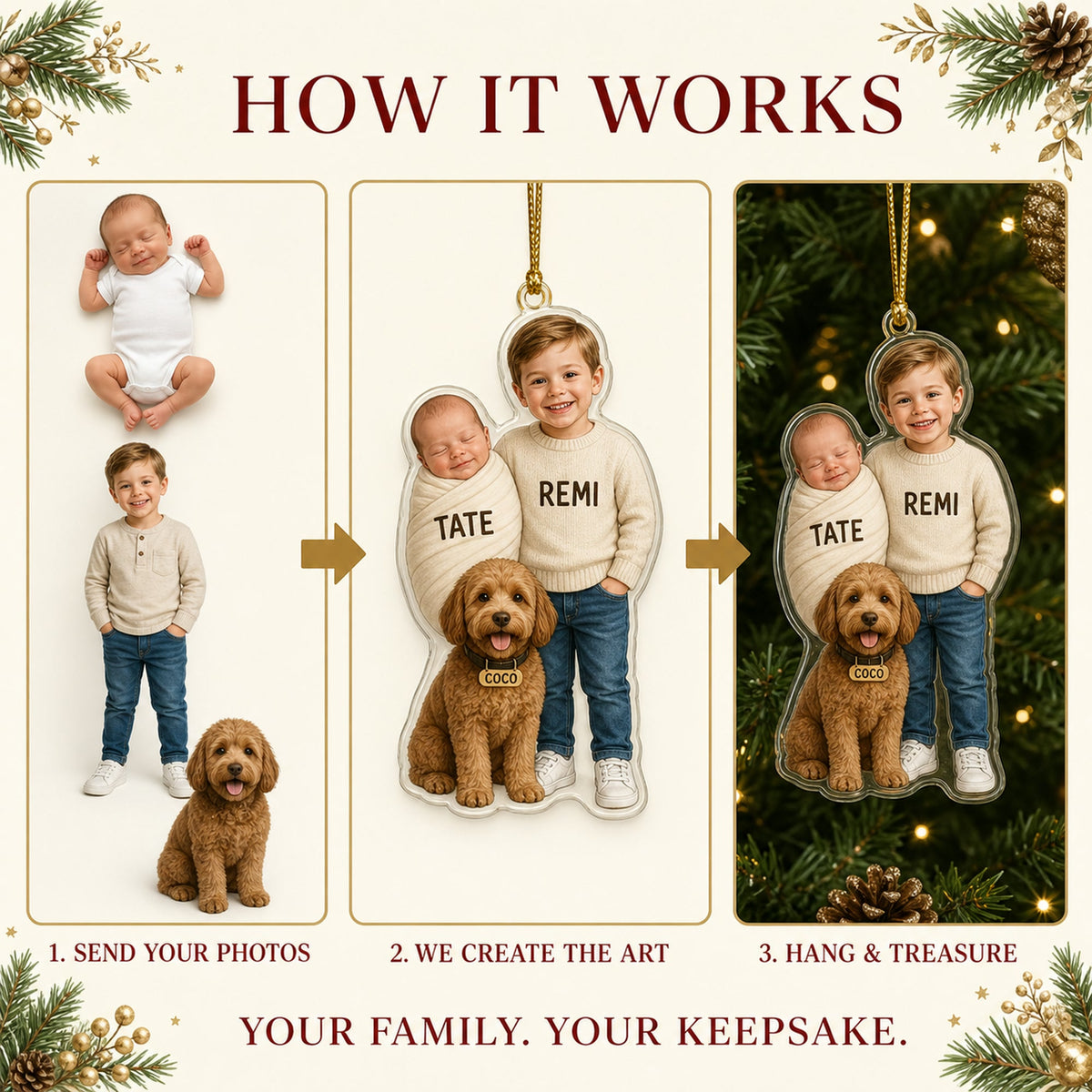 Personalized Baby Sibling and Pet Photo Ornament - Custom Acrylic Christmas Keepsake - image 4