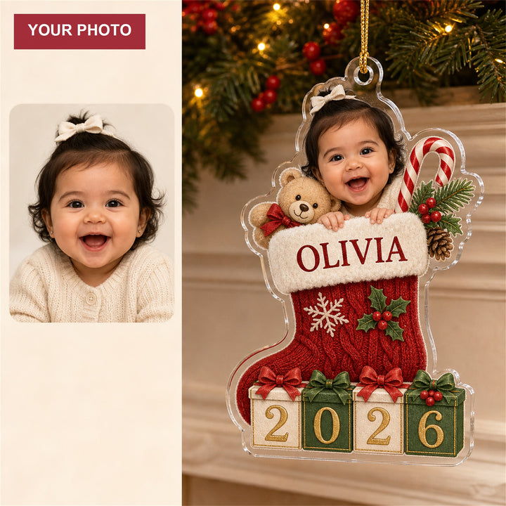Personalized Baby Stocking Peekaboo 2026 Photo Ornament - Custom Acrylic Christmas Keepsake - image 1
