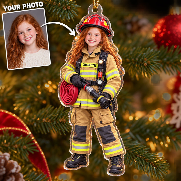 Personalized Kids Firefighter Photo Ornament - Custom Acrylic Christmas Keepsake - image 1