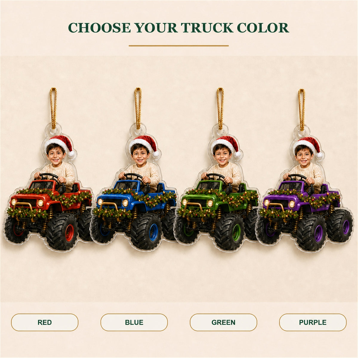 Personalized Kids Monster Truck Driver Photo Ornament - Custom Acrylic Christmas Keepsake - image 2