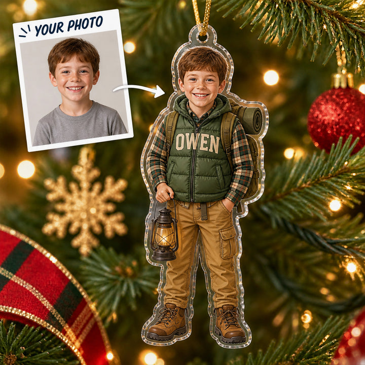 Personalized Kids Outdoor Adventure Photo Ornament - Custom Acrylic Christmas Keepsake - image 1